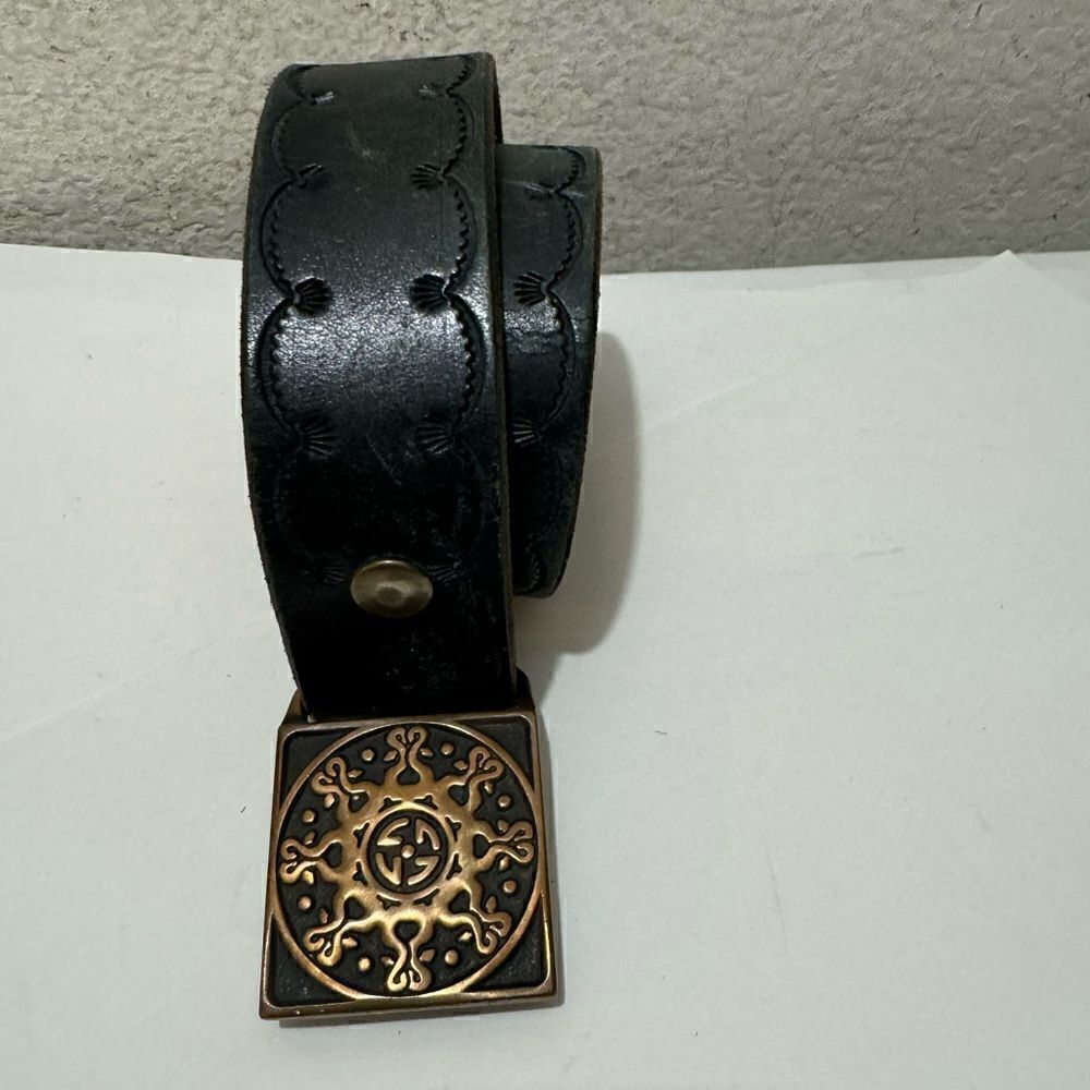Vintage 1974 Women's Tech Ether Brass Mandala Belt Buckle Black Leather Strap